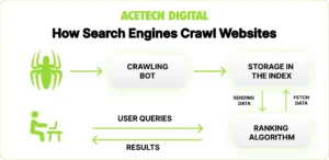 How search engines crawl websites showing crawling bot, indexing process, ranking algorithm, and user queries flow