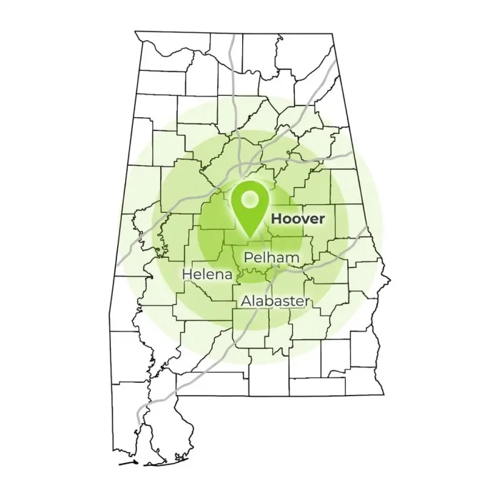 Map of Acetech Digital service areas in Greater Hoover, AL, featuring locations in Pelham, Helena, and Alabaster with green brand markers.